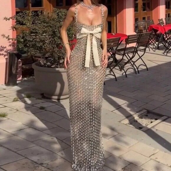 Dresses & Skirts - Sexy Women's Rhinestone Square Collar Bow Slim Hip Sleeveless Sling Dress